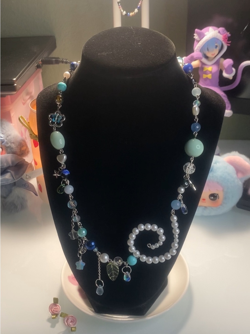 Blue Beaded Pearl Charm Necklace for Women (handmade)